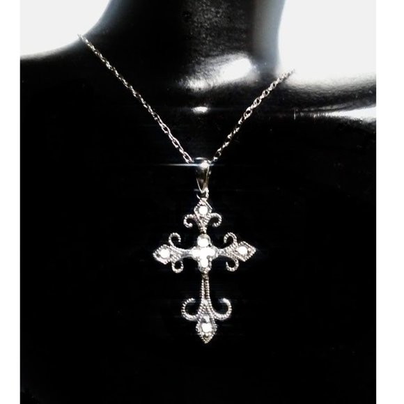 Solid 14k White Gold Genuine Diamonds Filigree Cross Necklace 18" New WOT - Picture 7 of 12